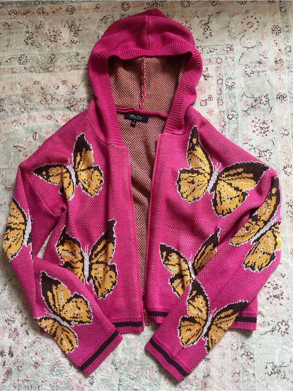 WittyFox Pink Butterfly Hooded Knit Zip Up Sweater